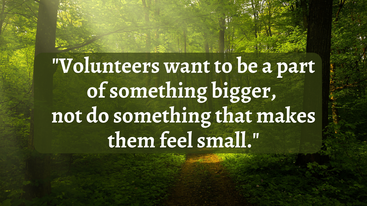 inspirational quote on a forest background: "Volunteers want to be a part of something bigger, not do something that makes them feel small."